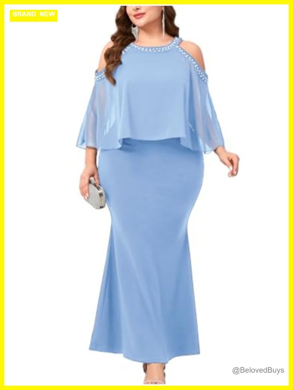 Plus Size Cold Shoulder Mermaid Gown Beaded Neckline Chiffon Formal Dress